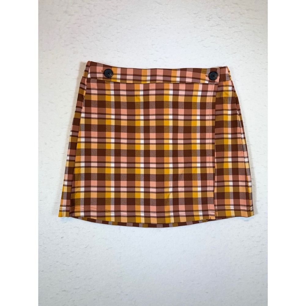 Like an ANGEL Plaid Mini Skirt Brown Pink Yellow Women's XL Elastic Waist